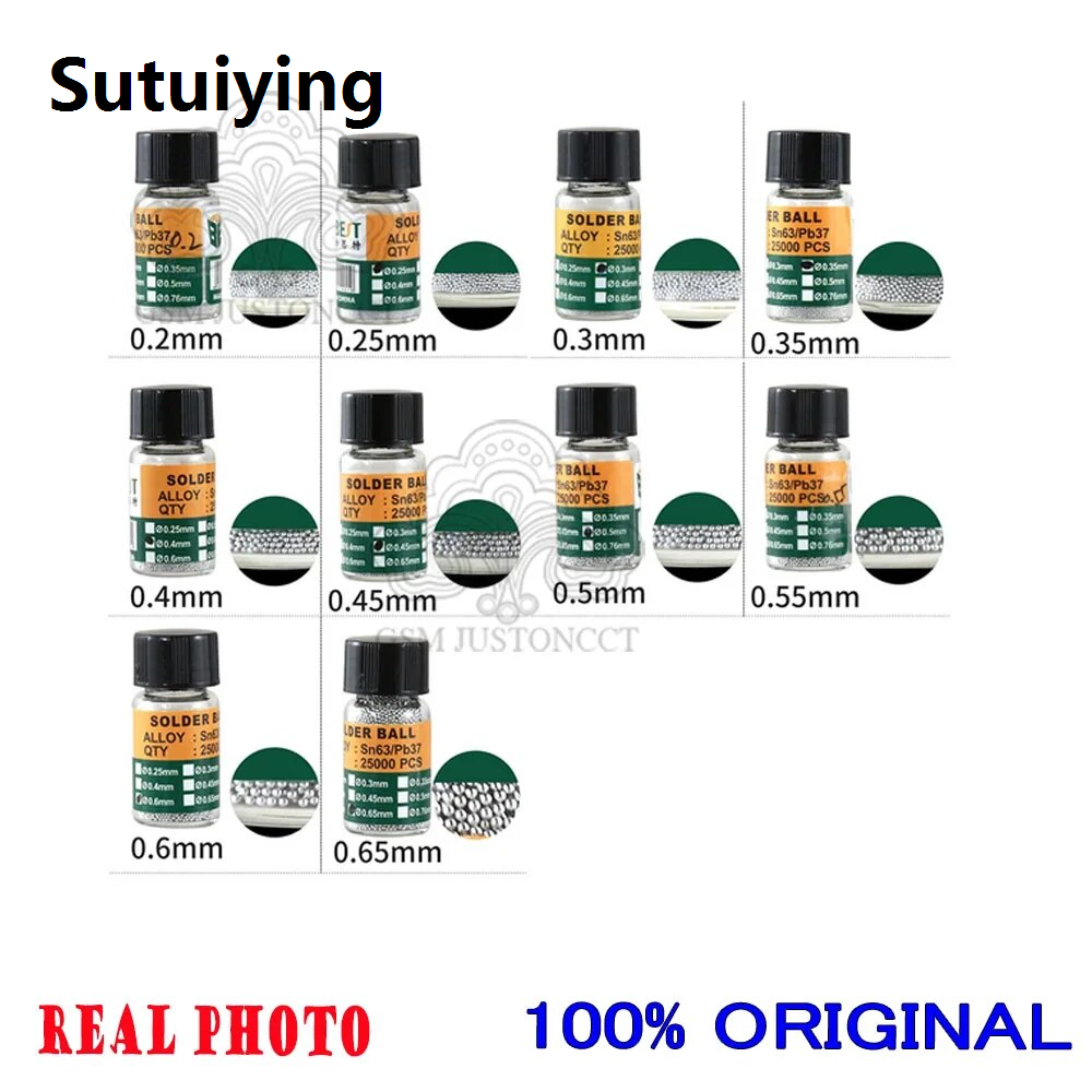 Sutuiying solder paste 25000pcs/bottle 0.2-0.76mm BGA Reballing Balls Leaded For IC Chip Soldering Accessories Solder Ball Tin Material BST-505hand tools
