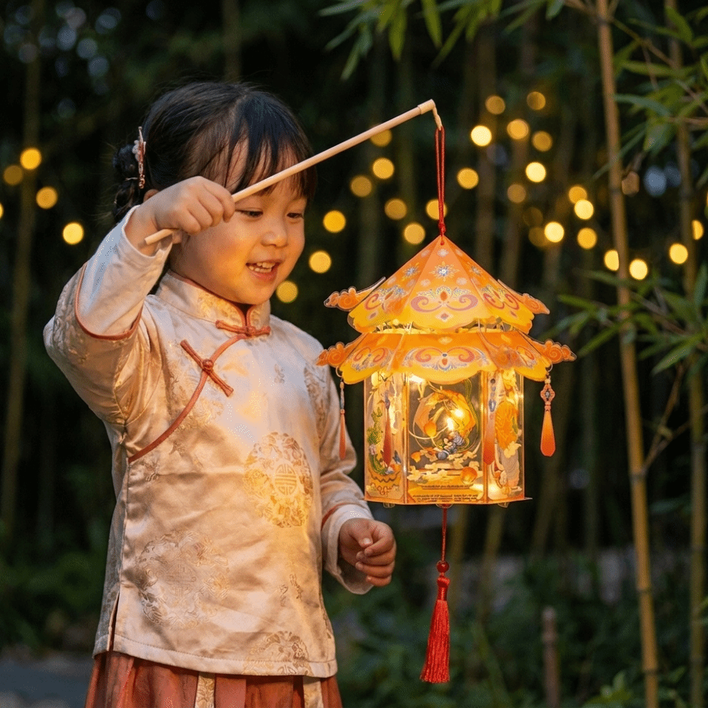 Ancient Pavilion PVC Mid-Autumn Festival Lantern Portable Lightweight DIY Craft Material Kit Removable Button Battery Operated Handheld Lantern Spring Festival