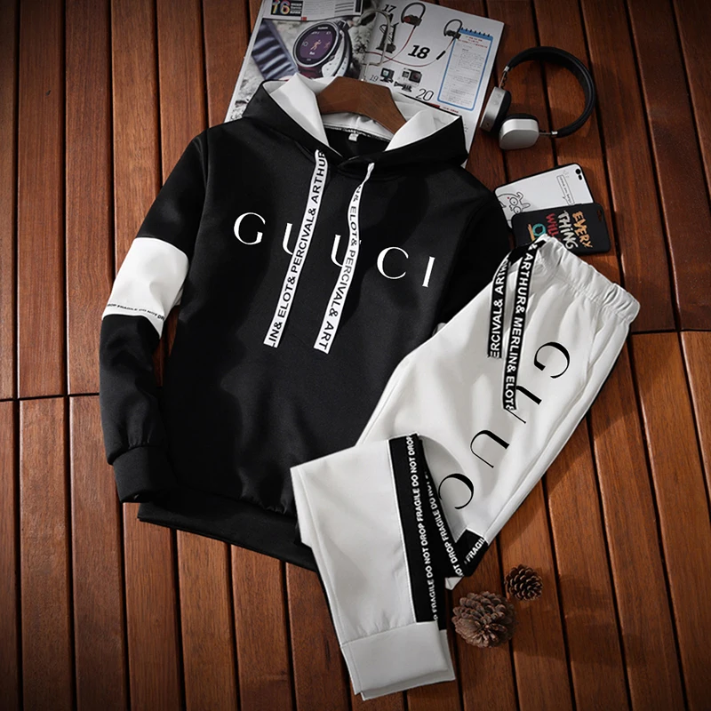 ( BLACK/WHITE/M ) Mens Tracksuit Warm Hooded Sweatshirt+Sweatpants 2 Pcs Sets Winter High Qaulity Black White Top Or Pants Casual Jogging Clothing Bles Online DZ-20A-14