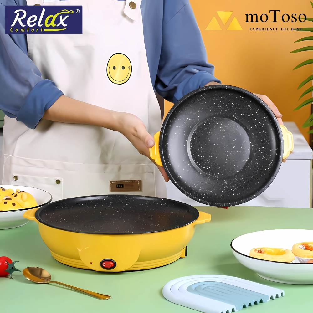 |Motoso Electric Baking Pan| Pan | Portable Multifunctional Cooker | Mini Frying Pan | Smokeless BBQ Grill | Hot Pot Combo | Non-Stick Cooking Pan | Roasting | Grilling | Frying | Compact Household Appliance | Adjustable Temperature | Relax Comfort