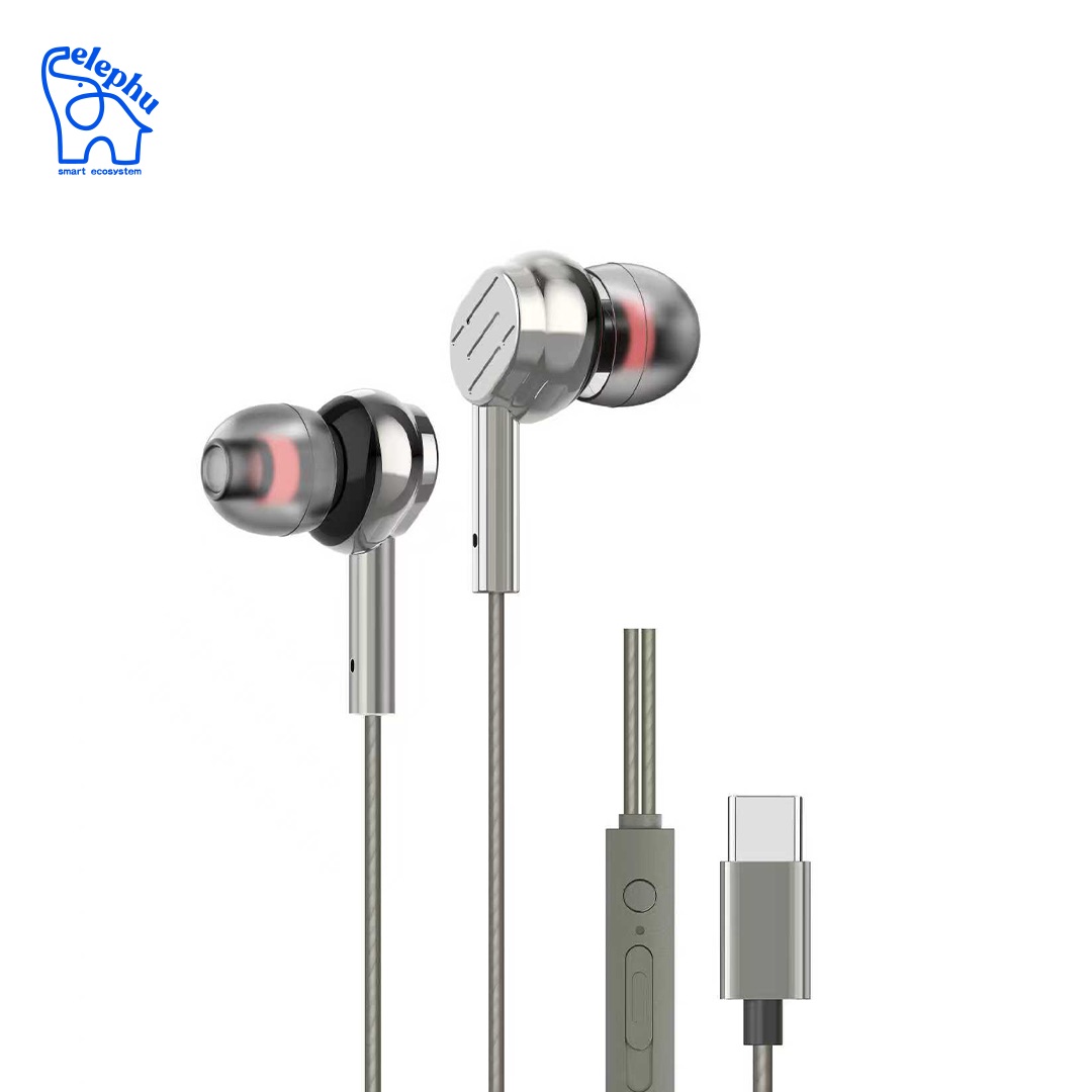 Elephu BassX 2020 earphones | Type C | Boosted Bass| Volume Slider with Button and Silicon MIC | Hi-Res Audio| Universal Compatible| silicon tip | 5U+ copper driver | 3 months Replacement | Stereo audio | Supports Gaming |