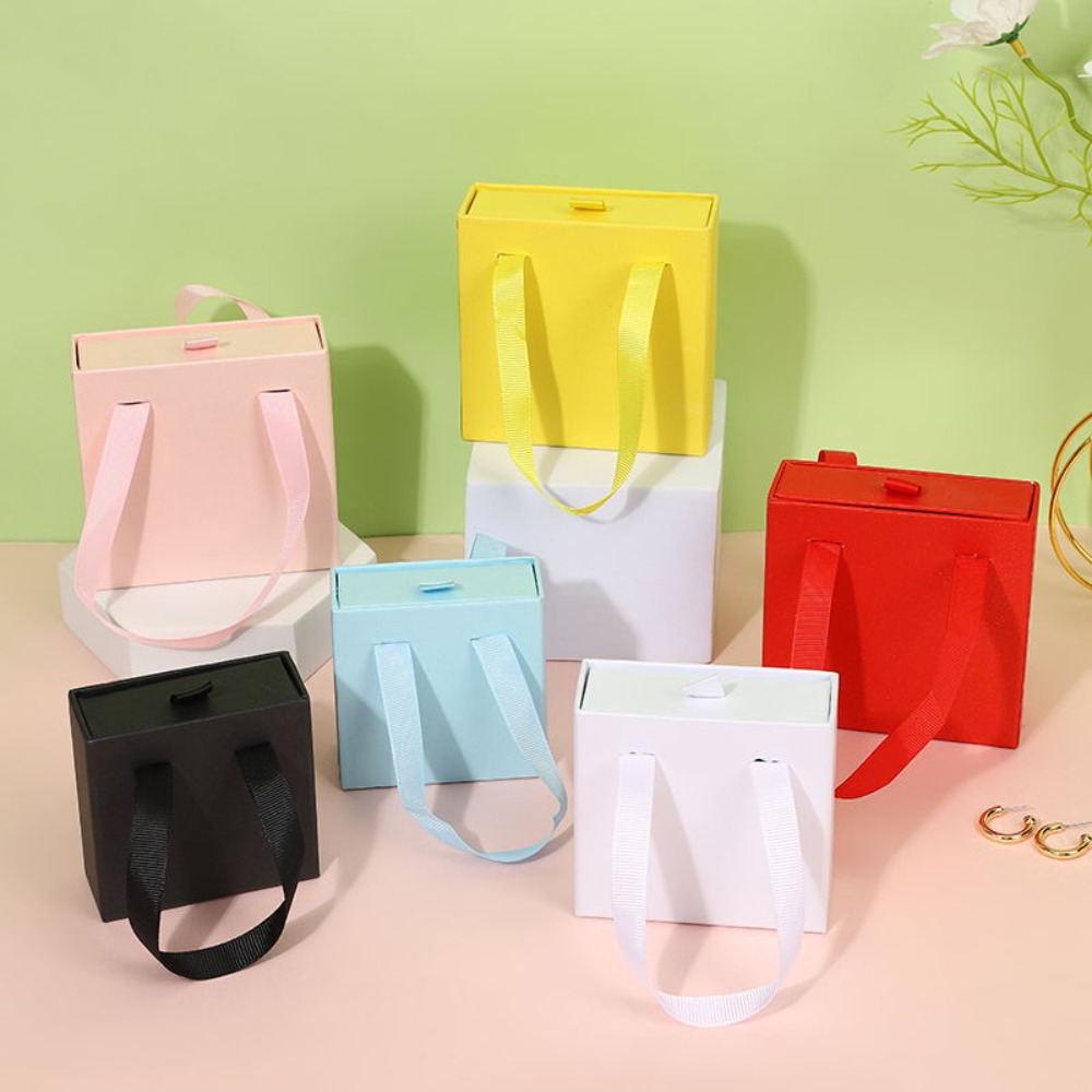 Portable Cardboard Drawer Jewelry Package Box With Handle Ribbon Handle Gift Box Solid Color Sliding Jewelry Organizer Bracelet