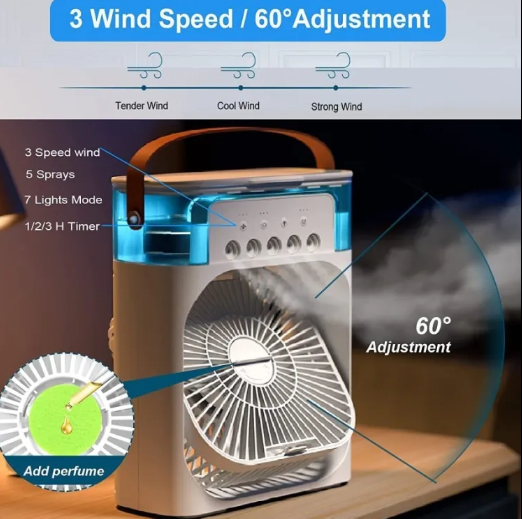 3 in 1 USB Mini Portable Air Cooler Table Fan With Ice Water Compartment Cooling with Five Atomizer and Timer Humidifier Purifier Mist Cooler with 7 Colors LED Light