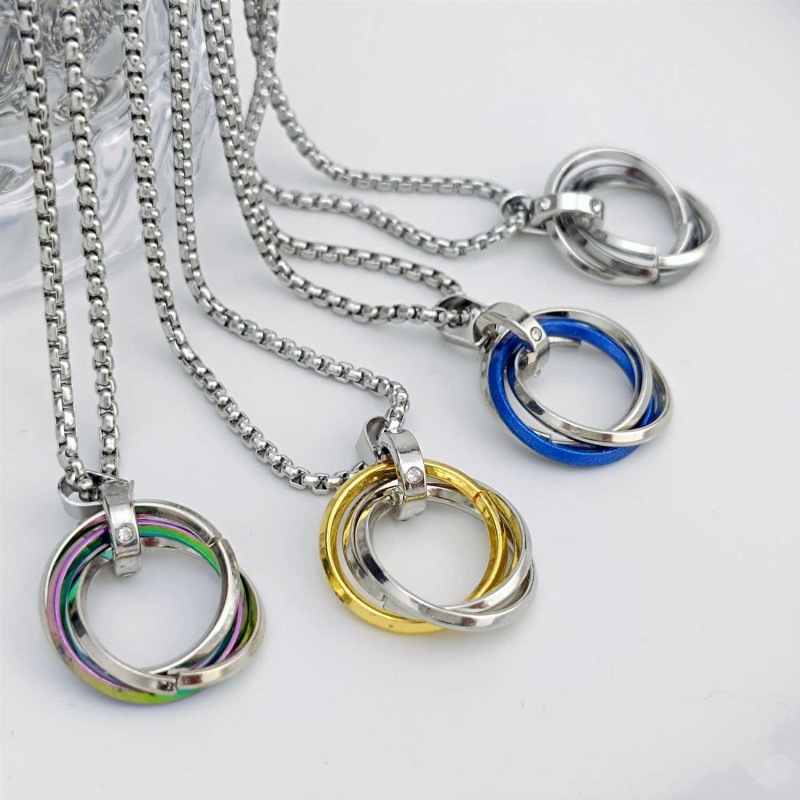 【New Arrivals】Three-Ring Necklace Men's Fashionable Matching Clothes Hip-Hop Pendant Summer Light Luxury Niche Titanium Steel Personalized Accessories Pendant