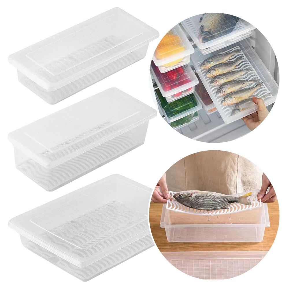 1Pcs New with Lid Crisper Box Refrigerator Frozen Food Grade PP Food Organizer S/M/L Drain Layer Fish Meat Storage Box Kitchen