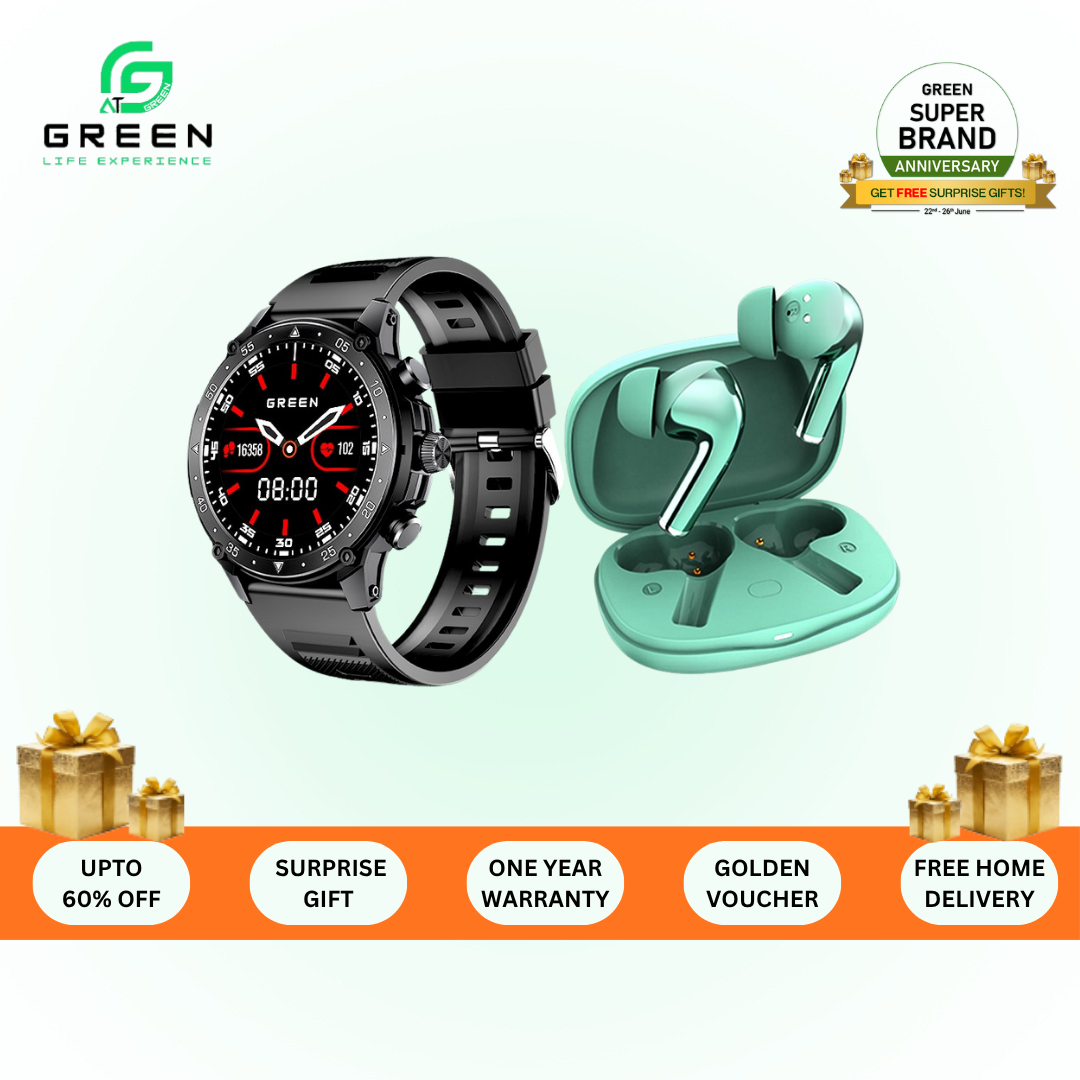 Green Smart Ultra Combo | Vortex Smartwatch + Buds Ultra ANC | 1.43" AMOLED Display | Bluetooth Calling | ANC Up to 32dB | 45H Playtime | Dual Device | 123 Sports Modes | IP67 + IPX5 | 11mm Bass Driver | Type-C Fast Charging | 30 Days Standby