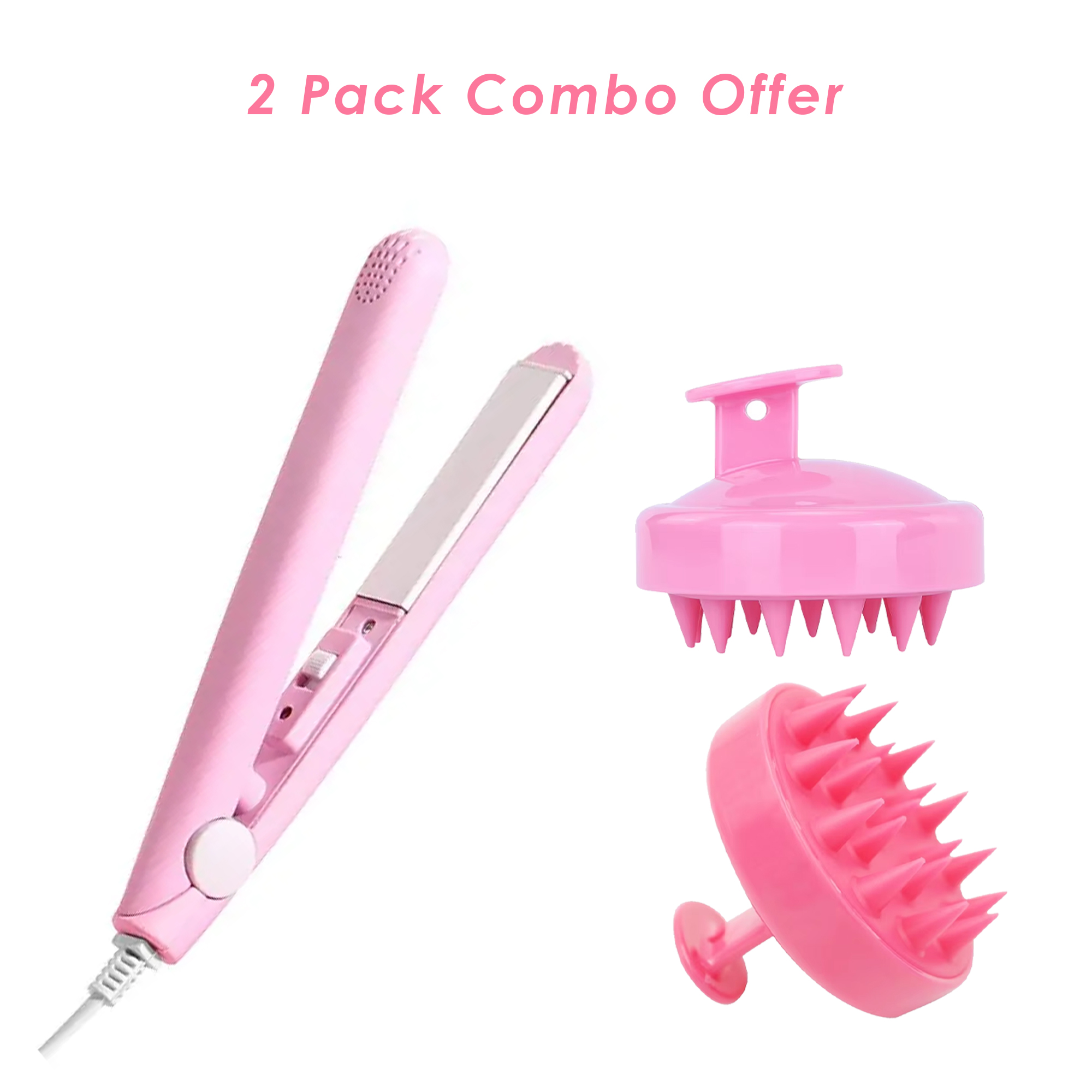 2-Pack Combo: Mini Hair Straightener Flat Iron (Dry & Wet Ceramic) + Silicone Scalp Massage Brush | Unisex Hair Care Kit | Portable Hair Styling Tool & Shampoo Brush for Healthy Scalp