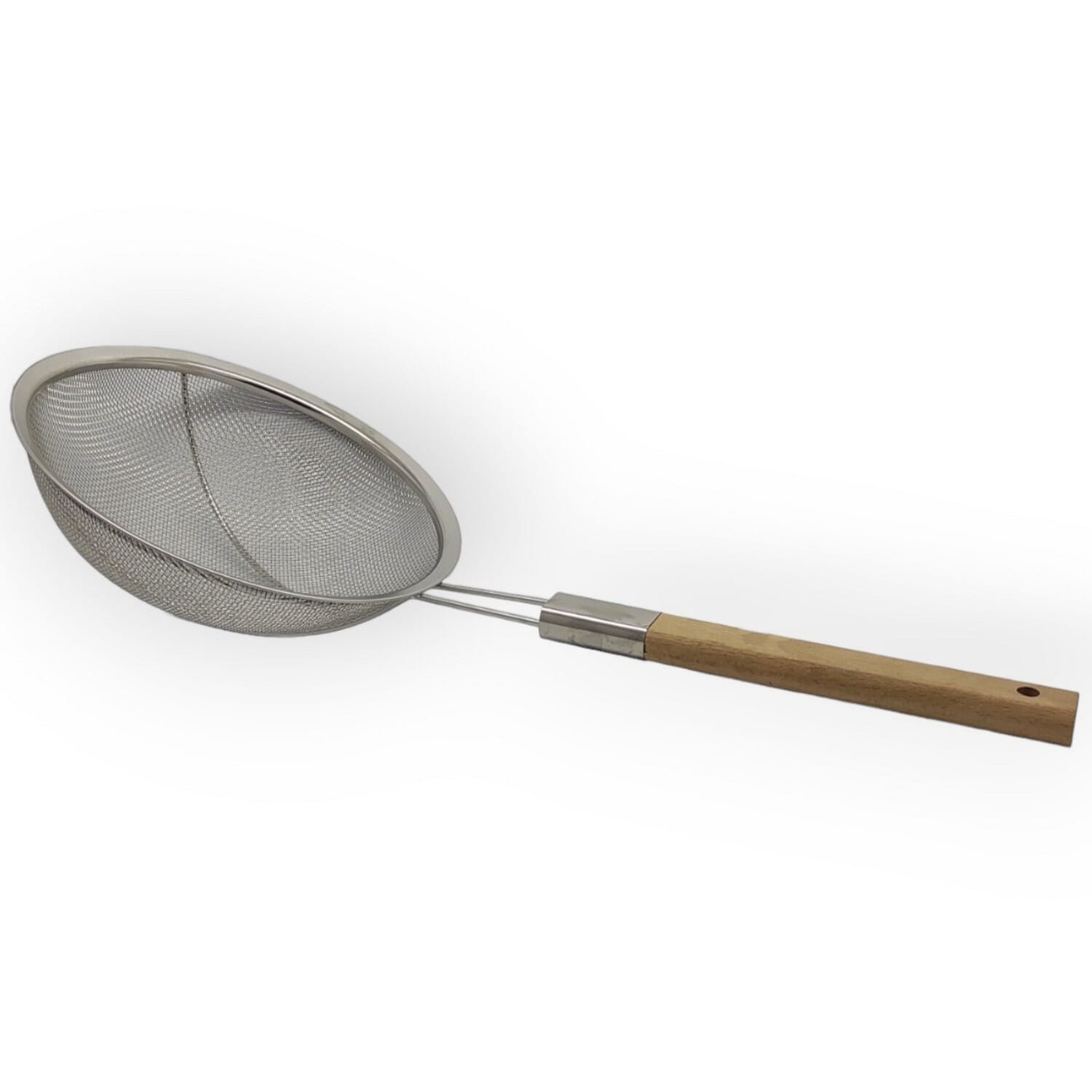 Heavy-Duty Stainless Steel Skimmer Strainer With Sturdy Wooden Handle - 24cm For Efficient Oil Straining