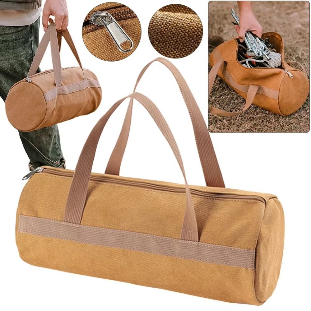 Durable Canvas Tent Pegs Storage Bag Cylinder Lightweight Ground Nail Bag Camping Supplies Large Capacity Camping Tools Handbag