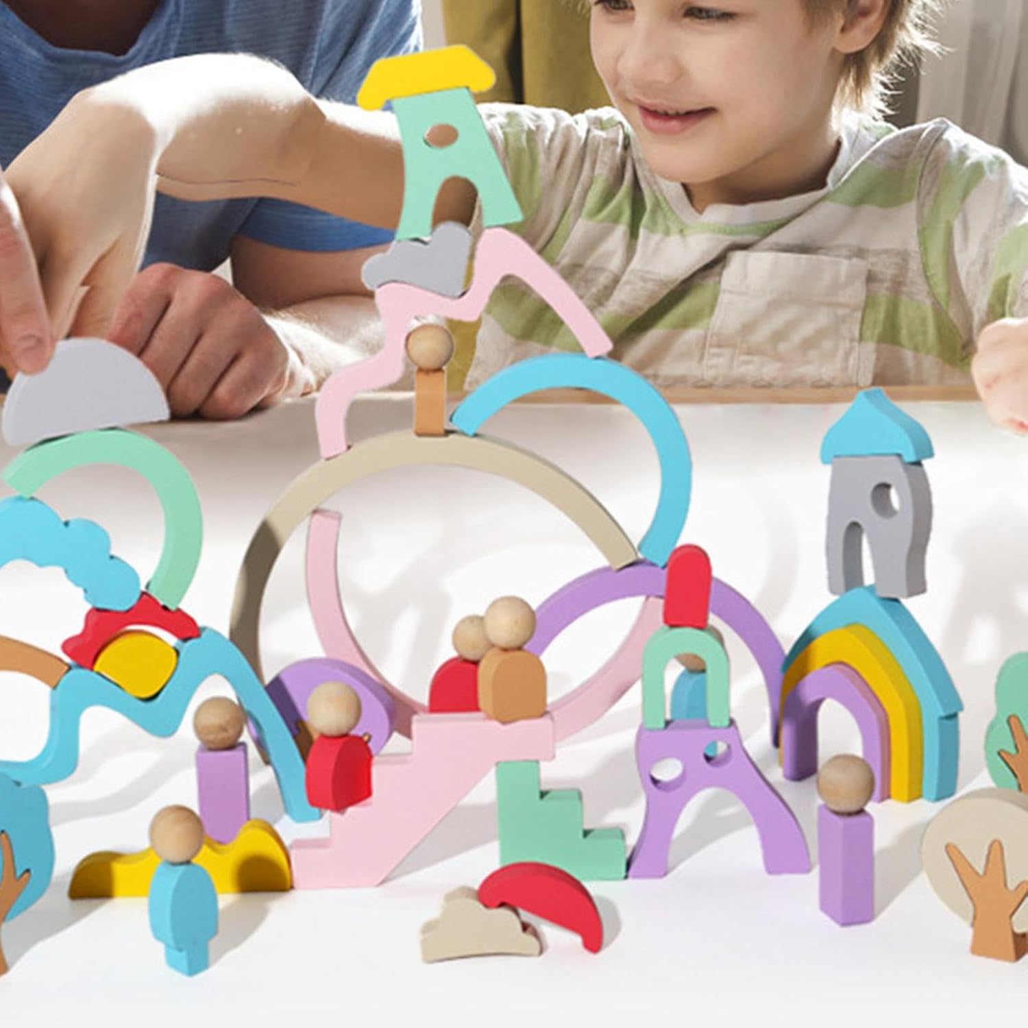 Wooden Rainbow Stacking Blocks - Montessori Educational Toys for Creative Play- 46 Pcs Rainbow Stacking Toys for Toddlers & Kids - Educational Fairytale Town Set