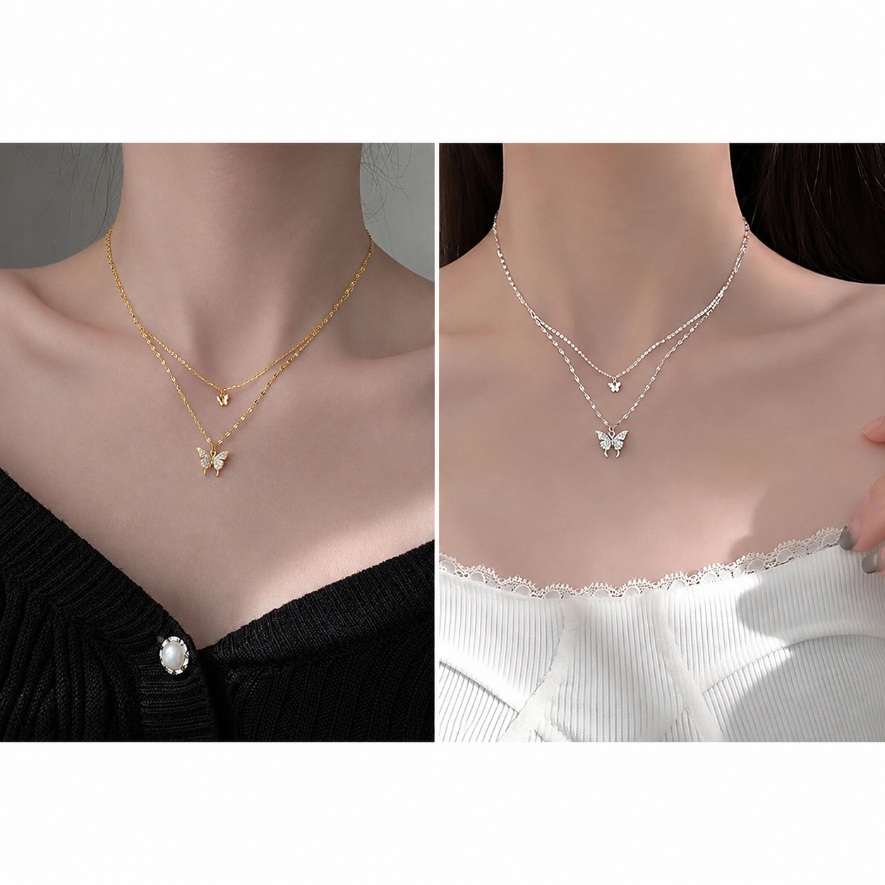 Butterfly Layered Necklace for Women & Girls - Elegant Silver-Tone Double Chain with Crystal Butterfly Pendant | Fashion Jewelry for Daily Wear, Party & Gift