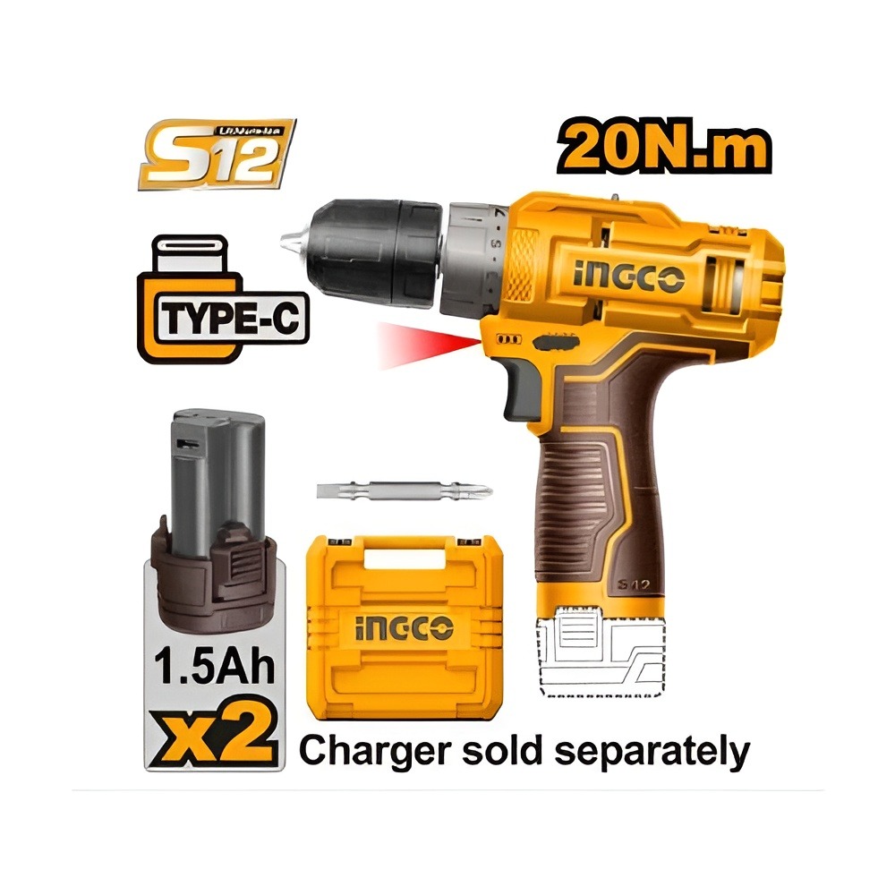 Ingco New 12V Cordless Drill With 2 Pieces 1.5Ah Battery And Box