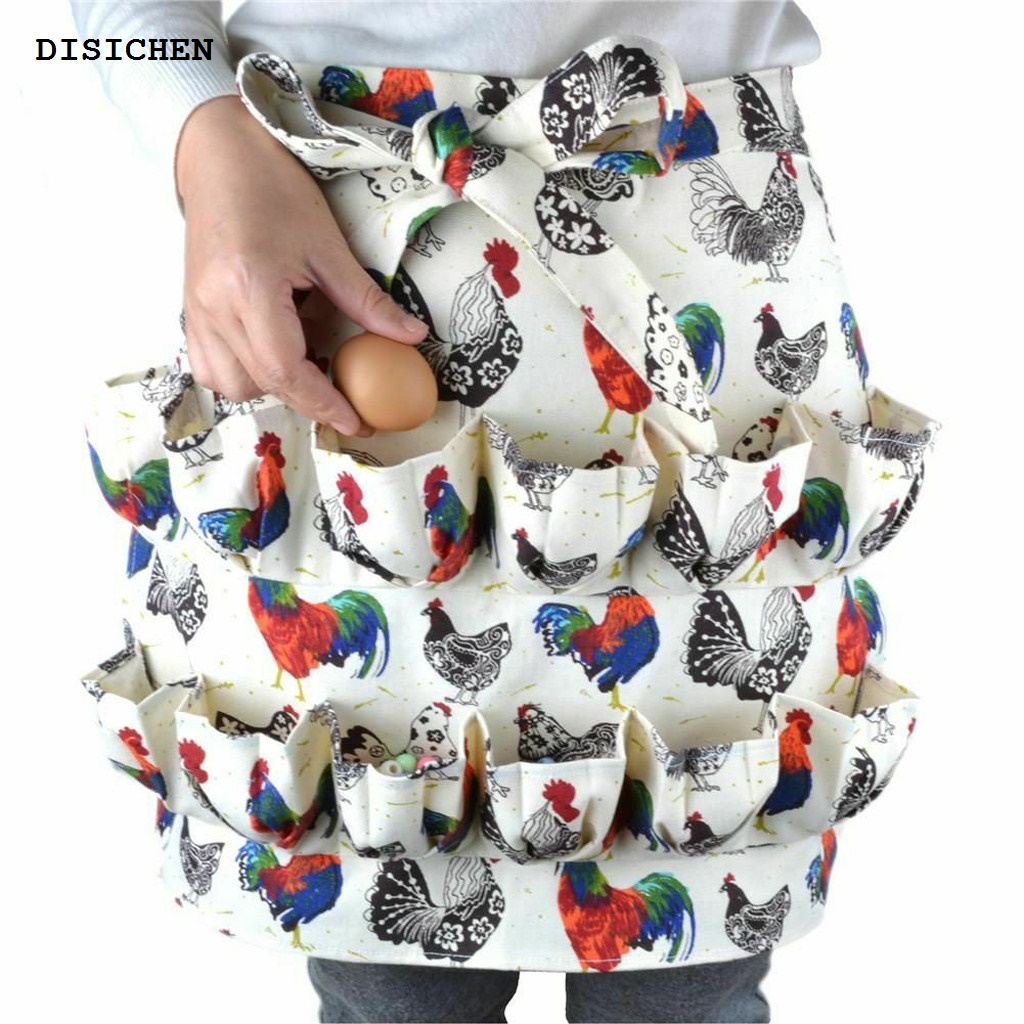 DISICHEN New Eggs Collecting Apron Kitchen Farm Hen Print Chicken Egg Collecting Gathering Holding Apron Pocket Home kitchen Workwear
