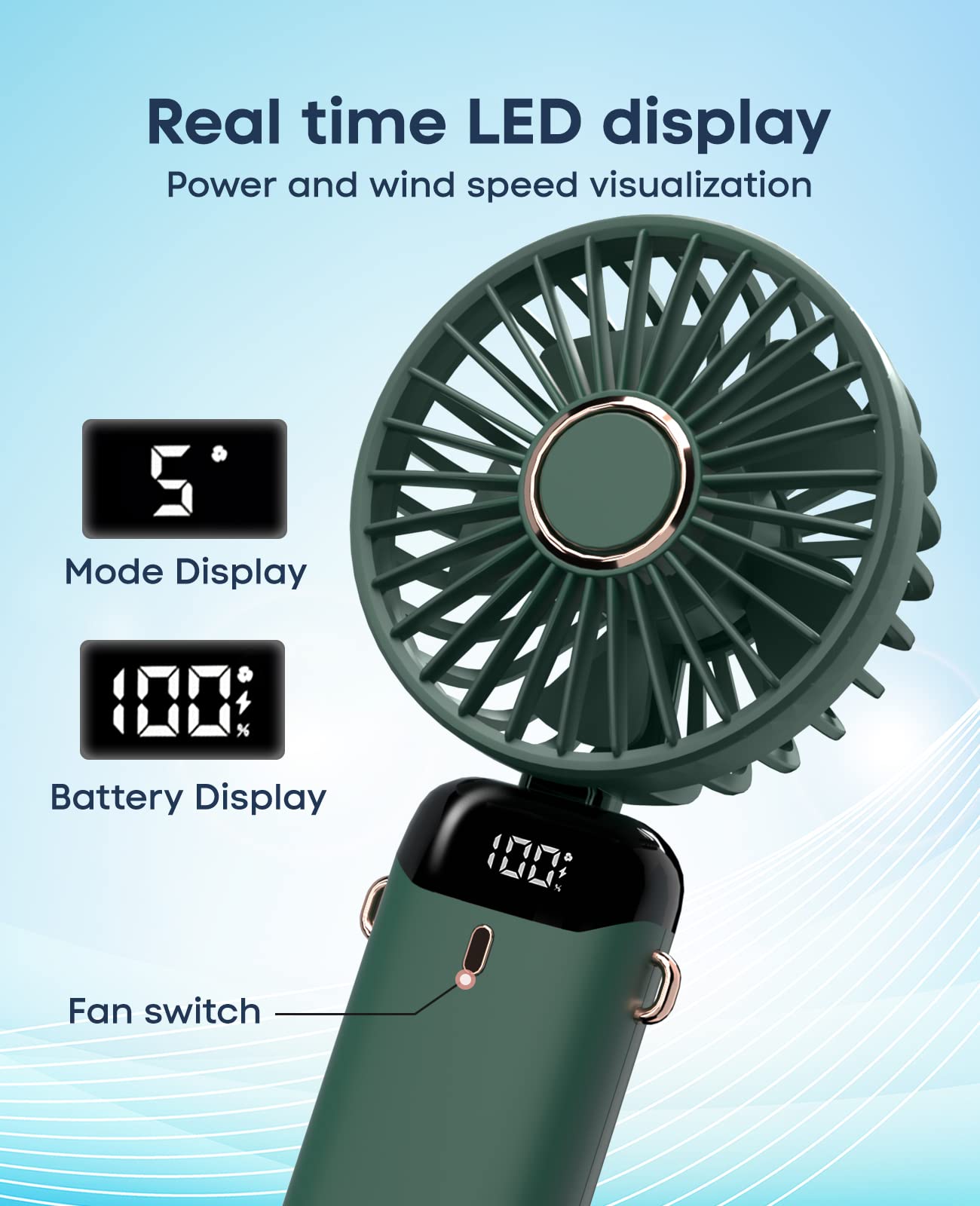 LED Digital Display Fan Rechargeable Portable USB Hand Fan Cooling Fan