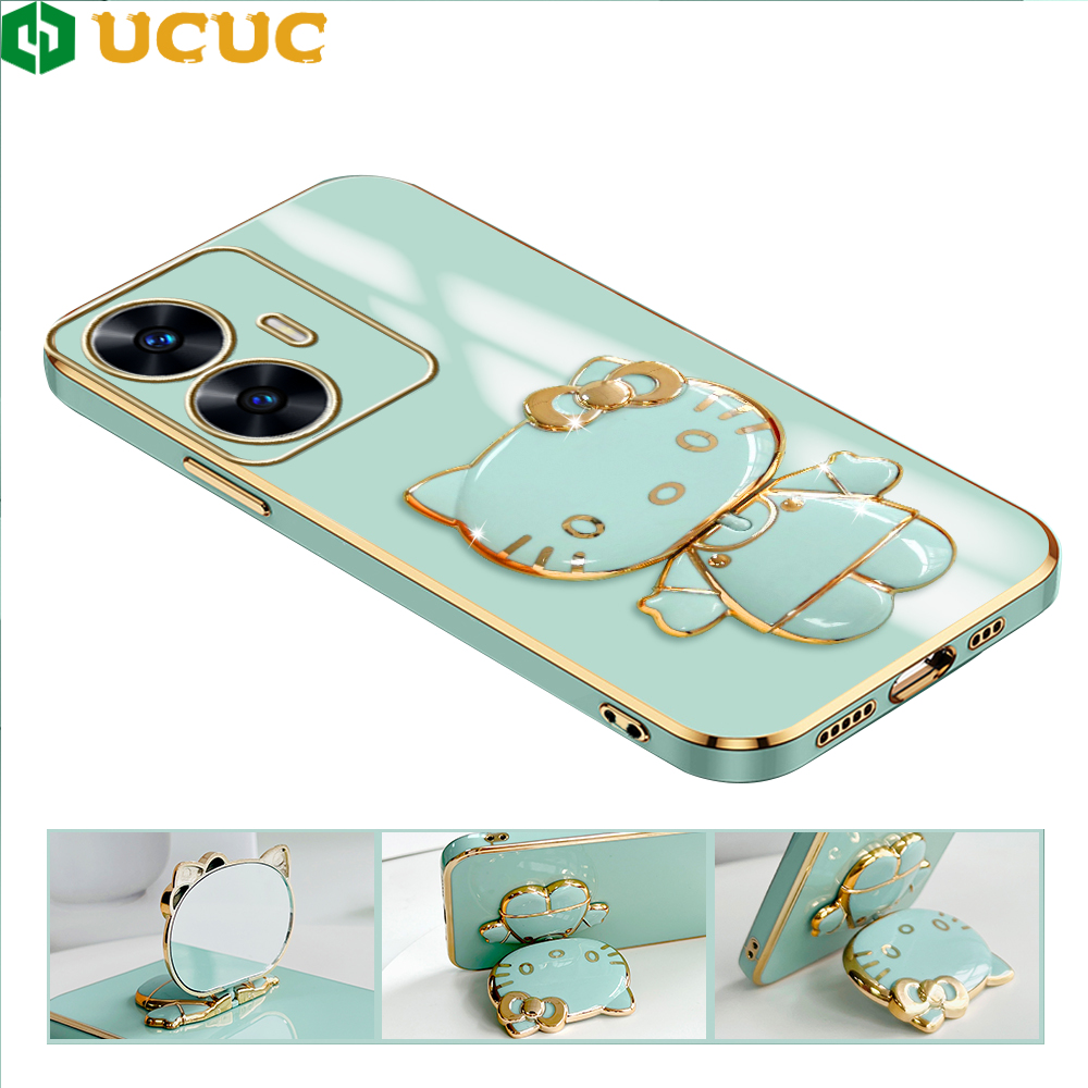 UCUC for Realme C55 / Narzo N55 Back Cover + kitty Mirror Holder Luxury 6D Plating Phone Case