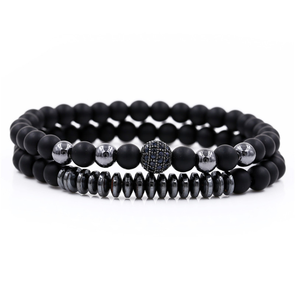 【Top Picks】Jewelry 6mm Black Frosted Hand Wearing Copper Beads UFO Micro Diamond Ball Bracelet suit Men