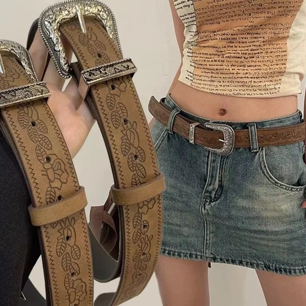 Fashion Hip Hop Y2K Pattern Belt Adjustable Engraved Rose Pattern Metal Buckle Belt Waistband Women Jeans Decoration