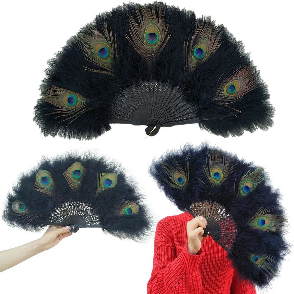 Vintage With Tassel Peacock Feather Fan Soft Thick Feathers Portable Folding Hand Fan Hollow Handle Decorative Feather Dance Fan Party