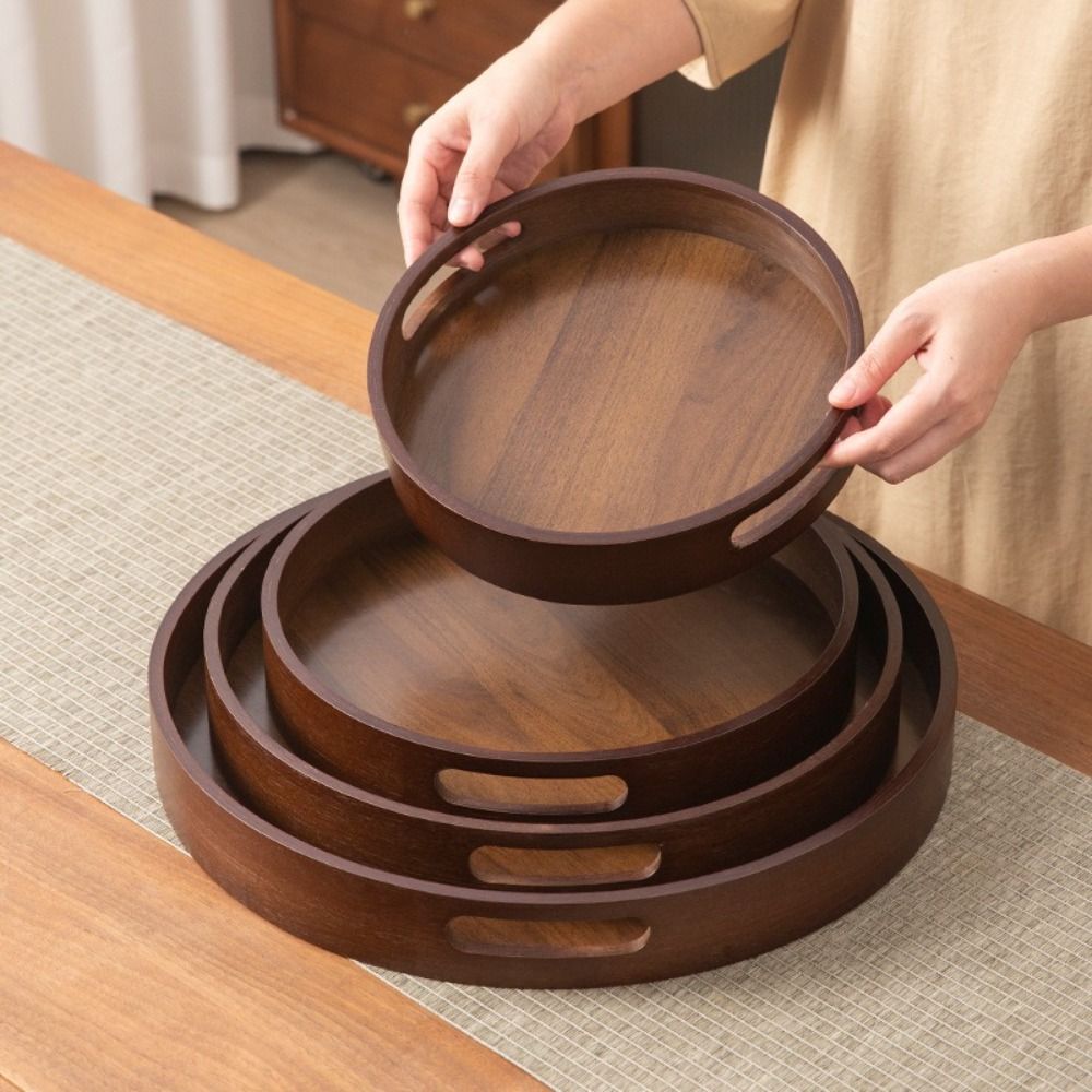 Decorate Tray Round Bamboo Wooden Tray Walnut Color With Handle Food Storage Trays Serving Tray Home