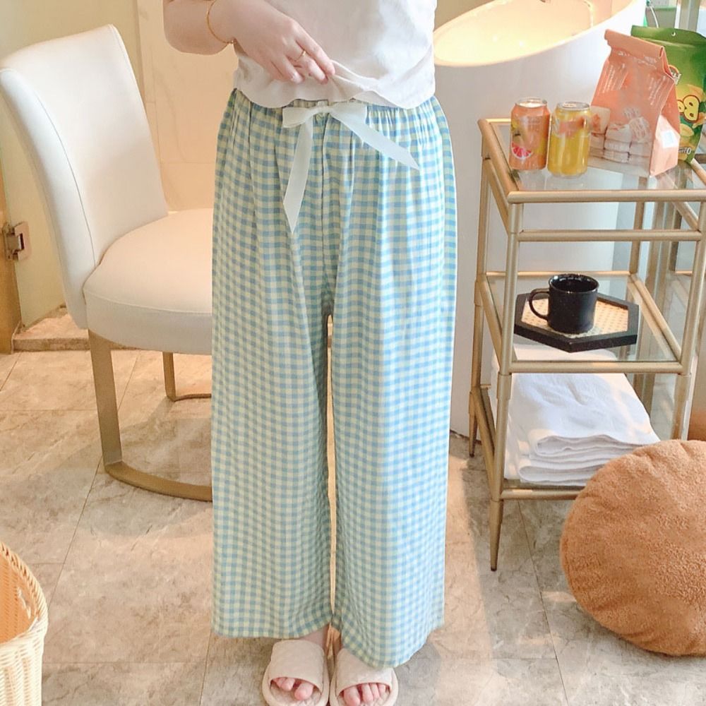 Fashion Stripe Casual Pants Women High Waist Baggy Plaid Pajama Pants Sweet Nightwear Wide Leg Home Trousers Students