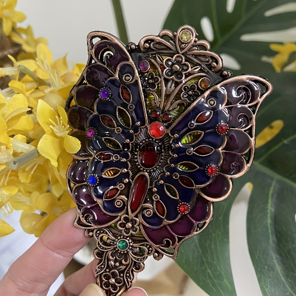 Difutagui Random Stone Rhine Makeup Mirror Comb Mirror Flower Set Retro Hot Selling Kit 2 / Mirror Comb Peacock Decoration Portable Comb (