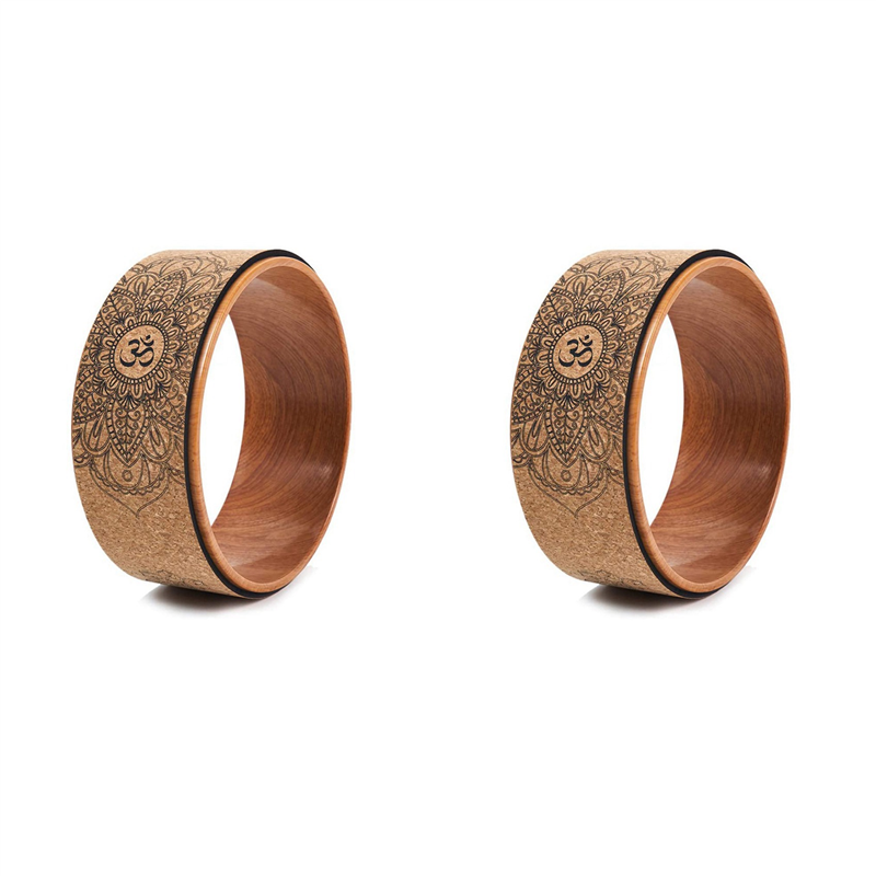 Pullhee-2X Cork Yoga Wheel for Yoga Poses and Backbends Inversions Wood-Effect and Mandala Print, Yoga Prop Wheel
