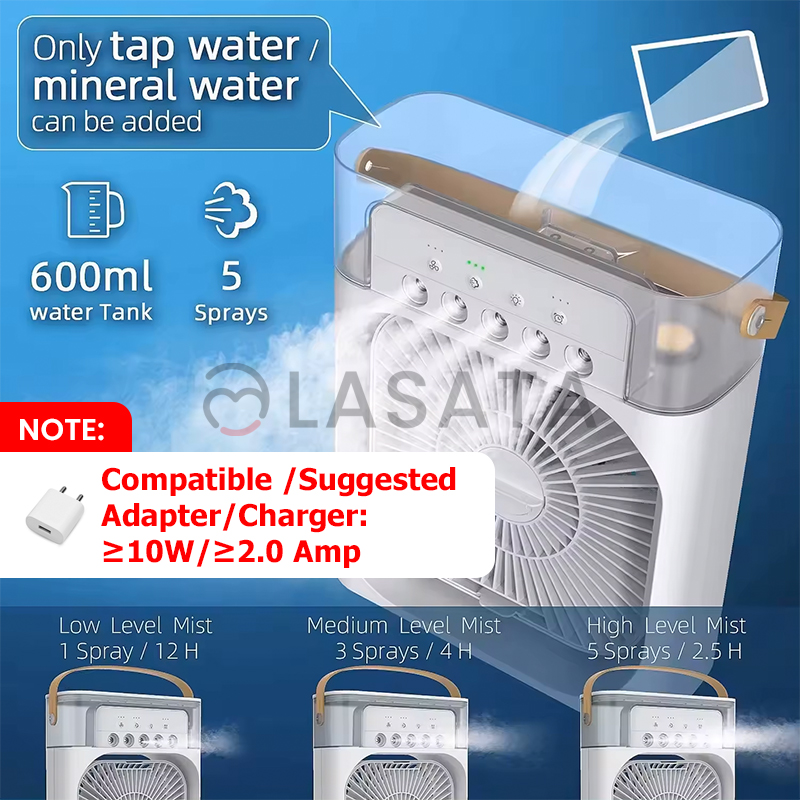 Viral Mini Air Cooler Fan/ Humidifier with USB charger 5 spray ports 7 color light options 3 Fan Speed Timer Option Desktop Fan