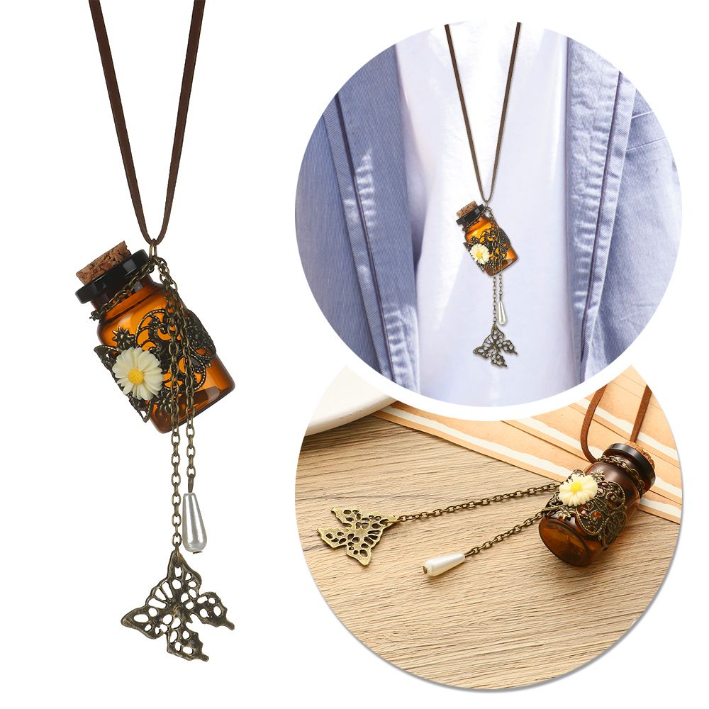 Retro Cork Butterfly Pearl Long Leather Cord Sweater Chain Wishing Bottle Necklace Carved Flower Glass Flask Pendant