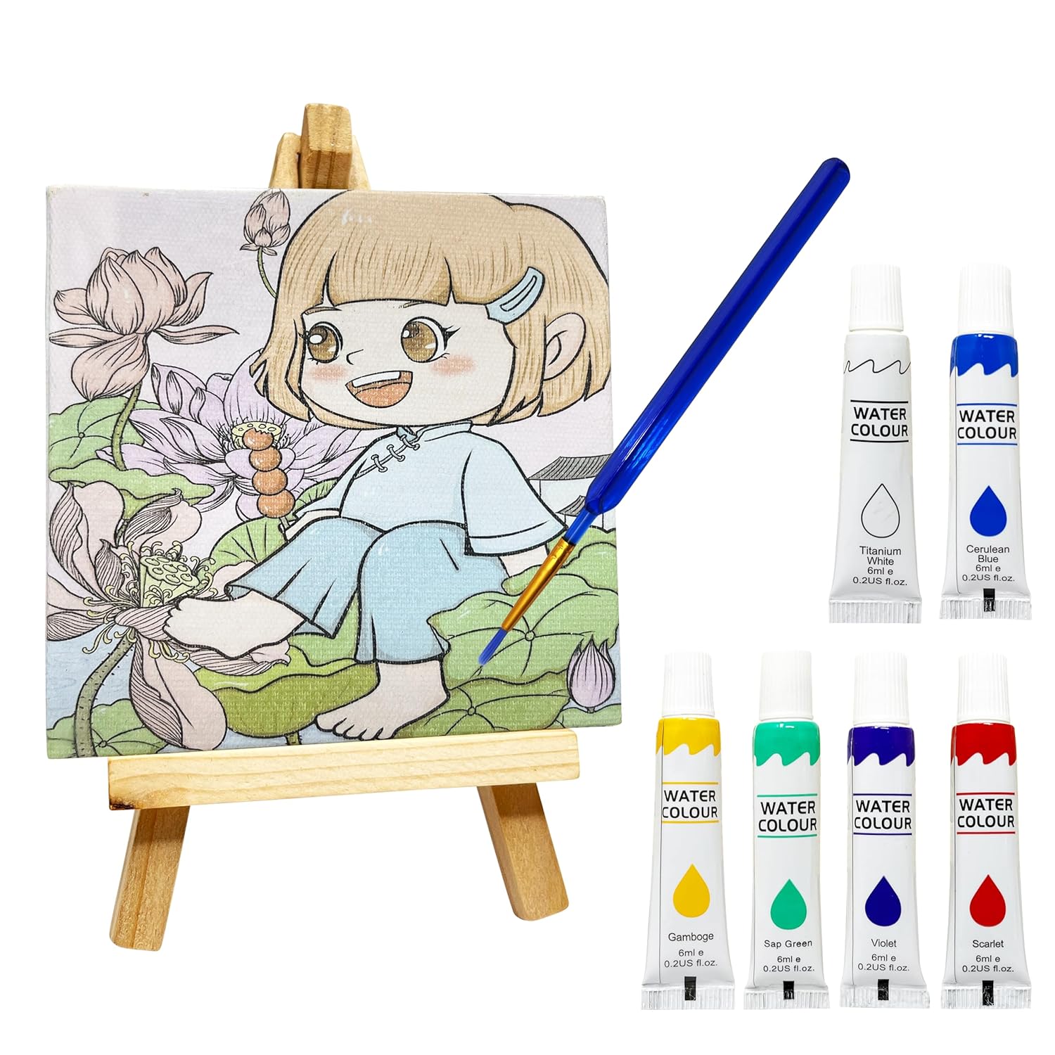 DIY Painting Set with Mini Wooden Easel Stand, 6 Watercolors, 3 Painting Sheets, Paint Brushes, Creative Art