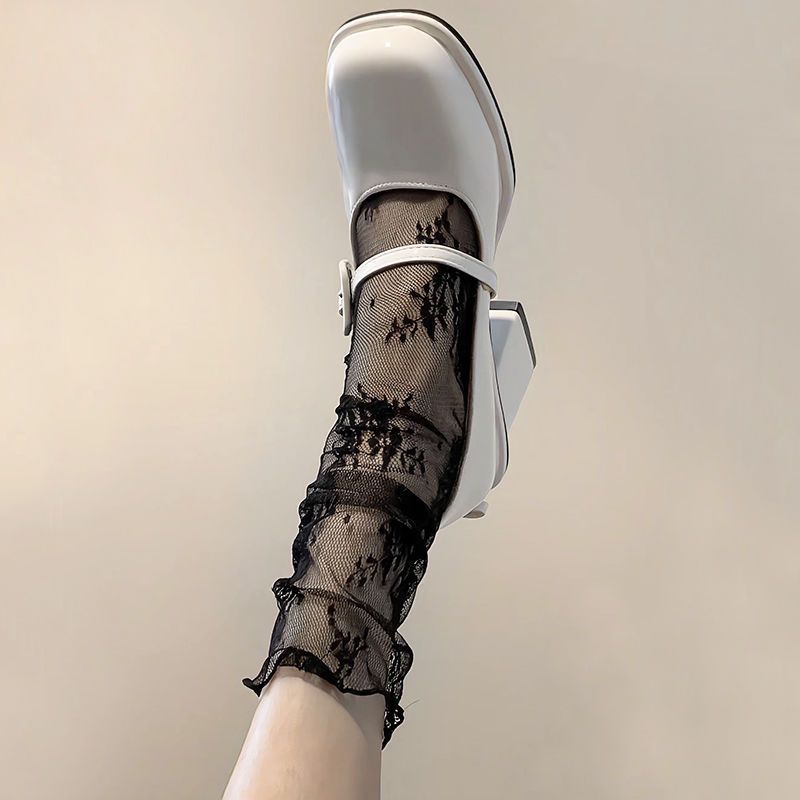 Women Summer Ultra Thin Floral Transparent Ice Glass Filament Long Tube Korean Lace Medium Tube Crystal Socks Lolita Socks DZ-35A-26