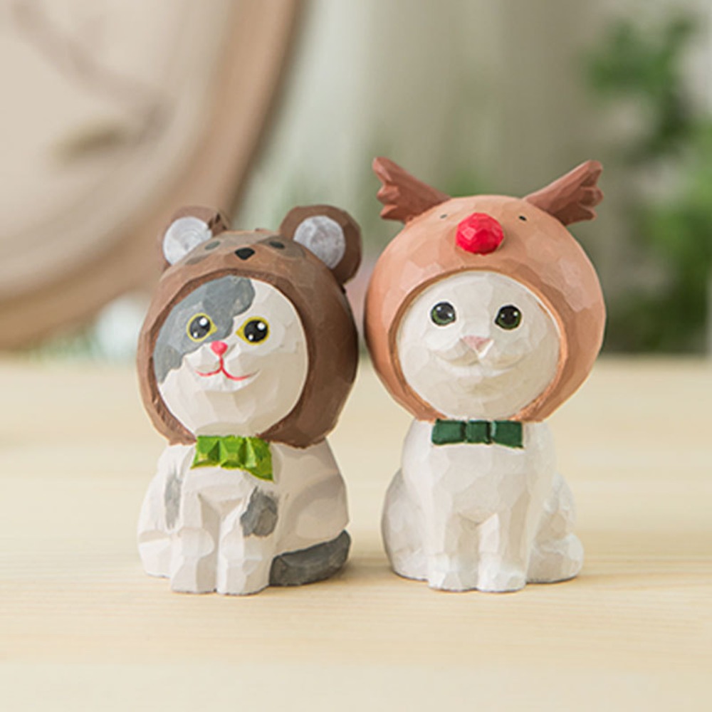 Handicraft Solid Wood Wood Carving Cat Ornament Handmade Small Painted Cartoon Cat Sculpture Cute Simple Style Hand Engraving Cat Decorations Desktop