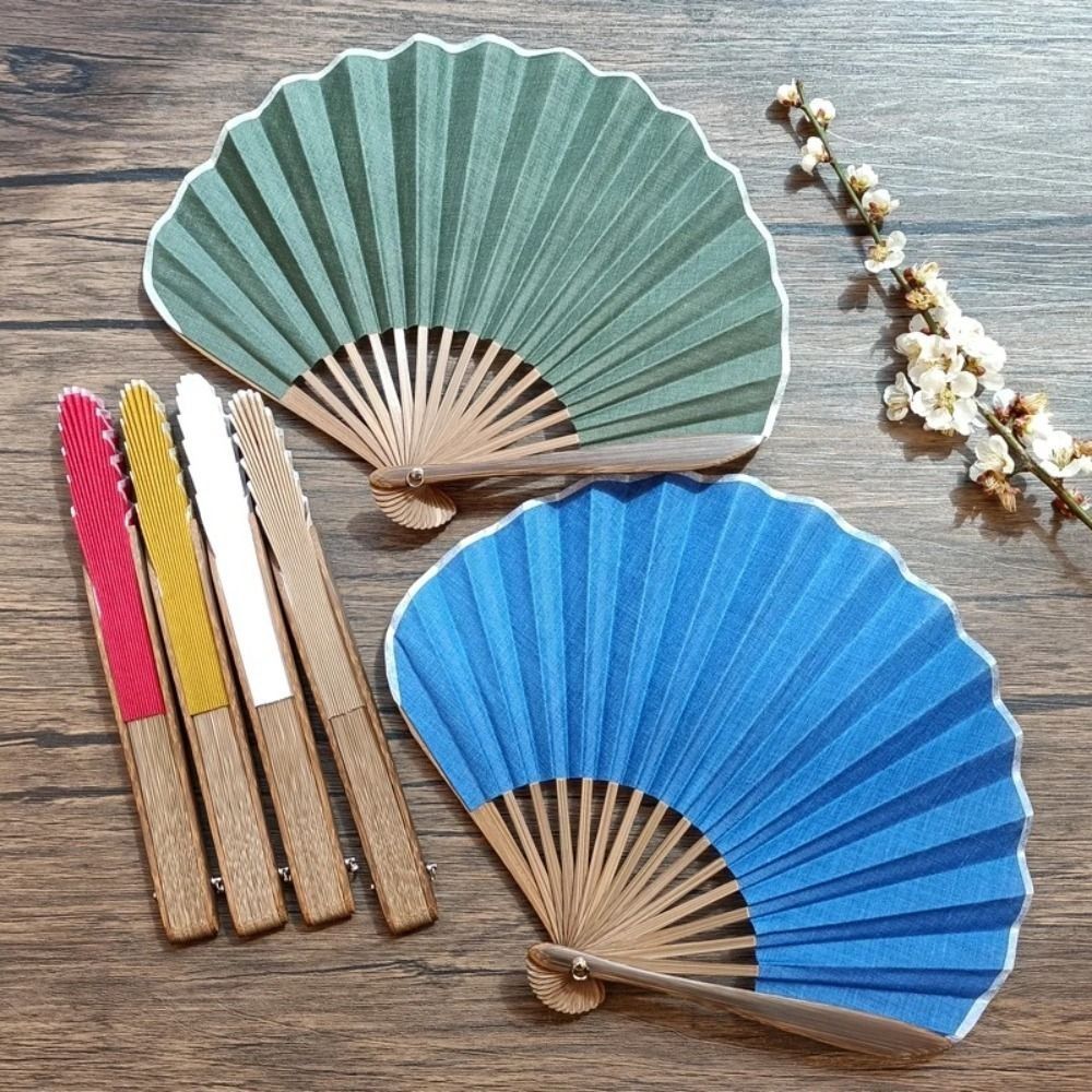 Creative Japanese Style Folding Hand Fan Cotton Linen Cloth Solid Color Retro Mini Shell Fan Portable Bamboo Frame Handheld Fan Dance Props