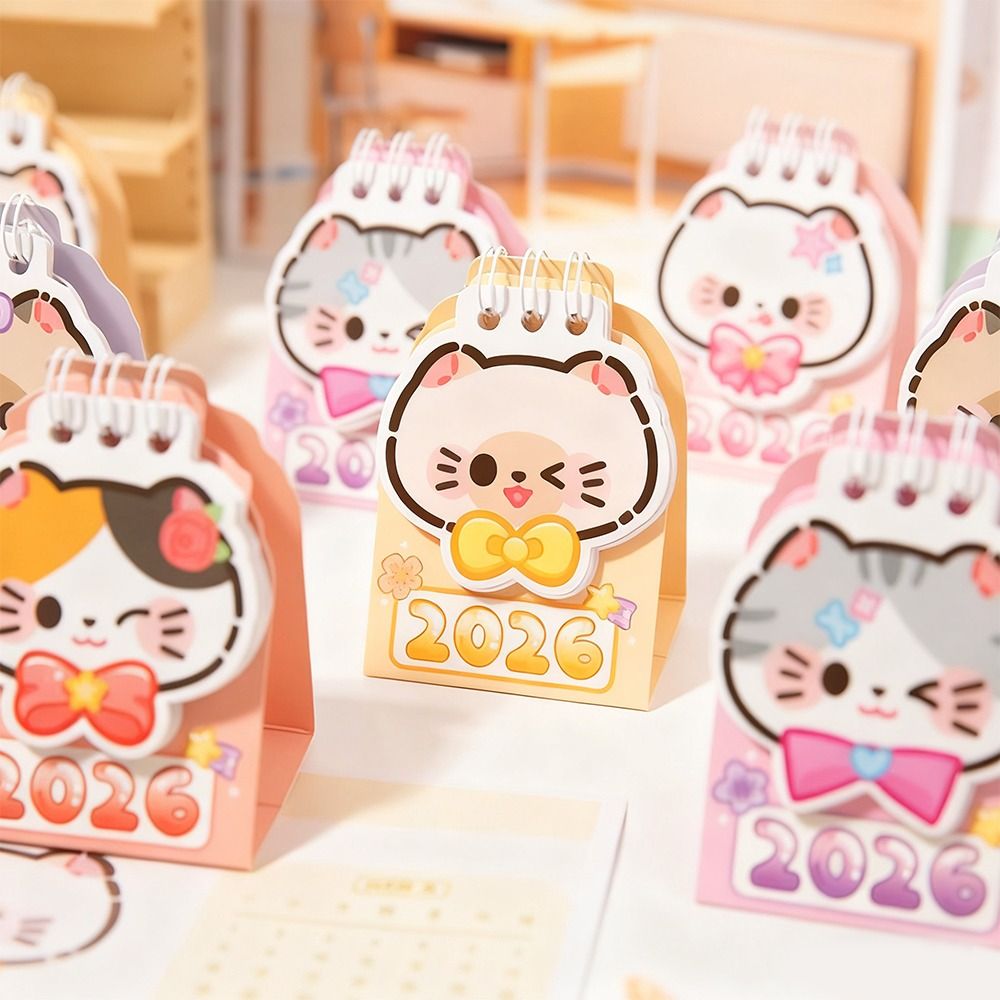Cute Mini 2026 Desk Calendar Cartoon Cat Portable Schedule Planner Schedule Mark Coil Calendar Office Desk Accessories
