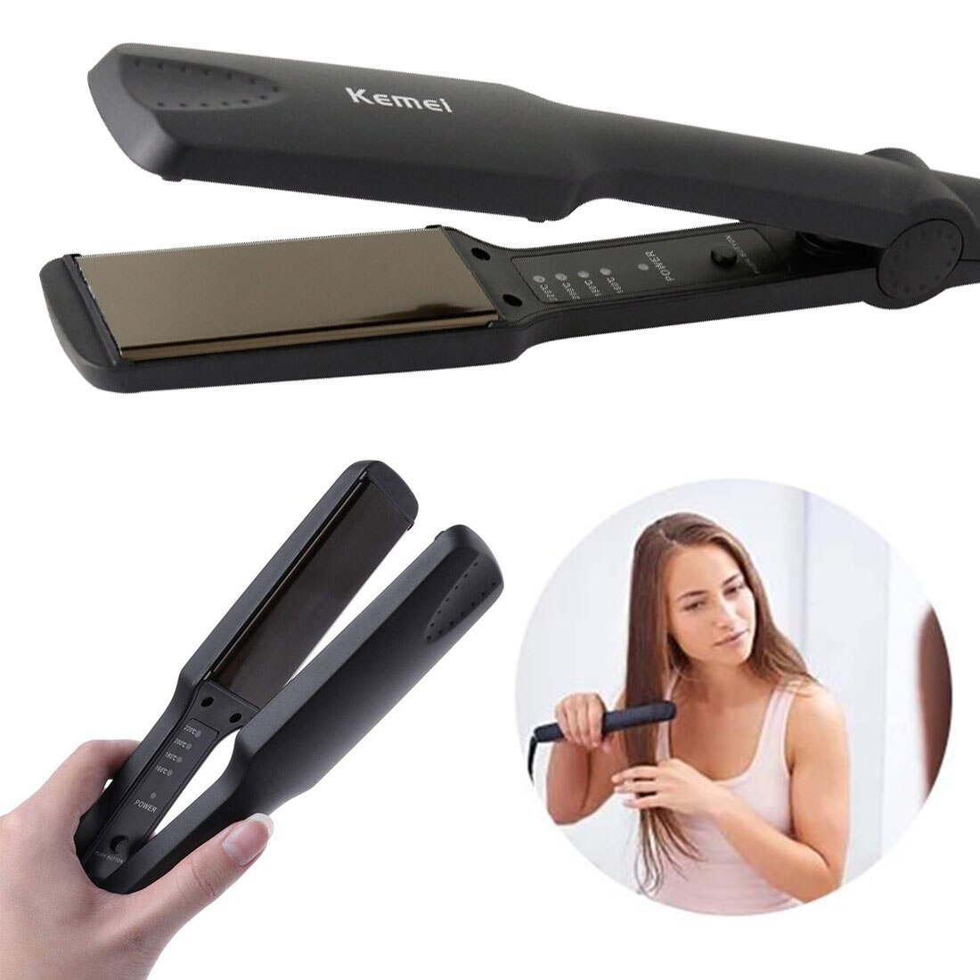 KM-329 Professional Hair Straightener, Ceramic Plates, Adjustable Temperature 160-220°C, 110-220V, Wet & Dry Hair
