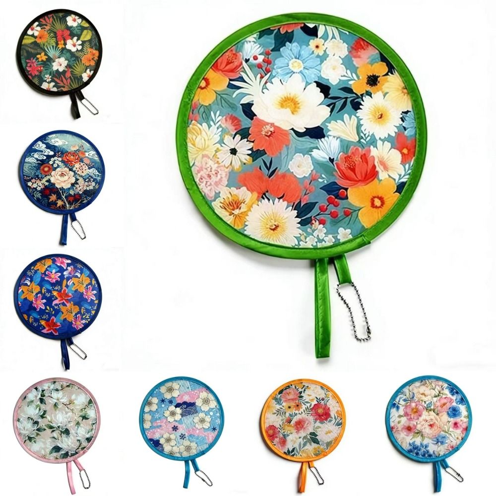 New Summer Handheld Folding Fan Polyester Japanese Oil Painting Round Foldable Fan Travel Mini Folding Fan Men Women