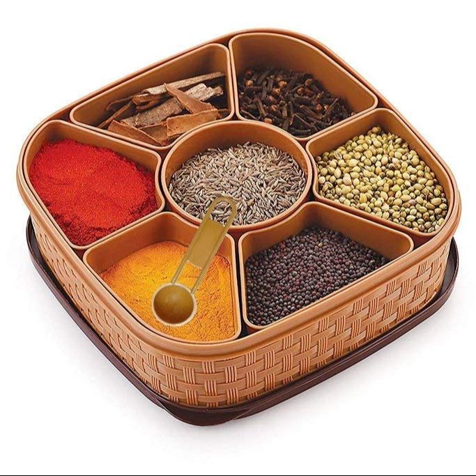 7 in 1 Premium Masala Box with Secure Compartments - Multipurpose Kitchen Spice Organizer, Rangoli Design (Brown Finish)