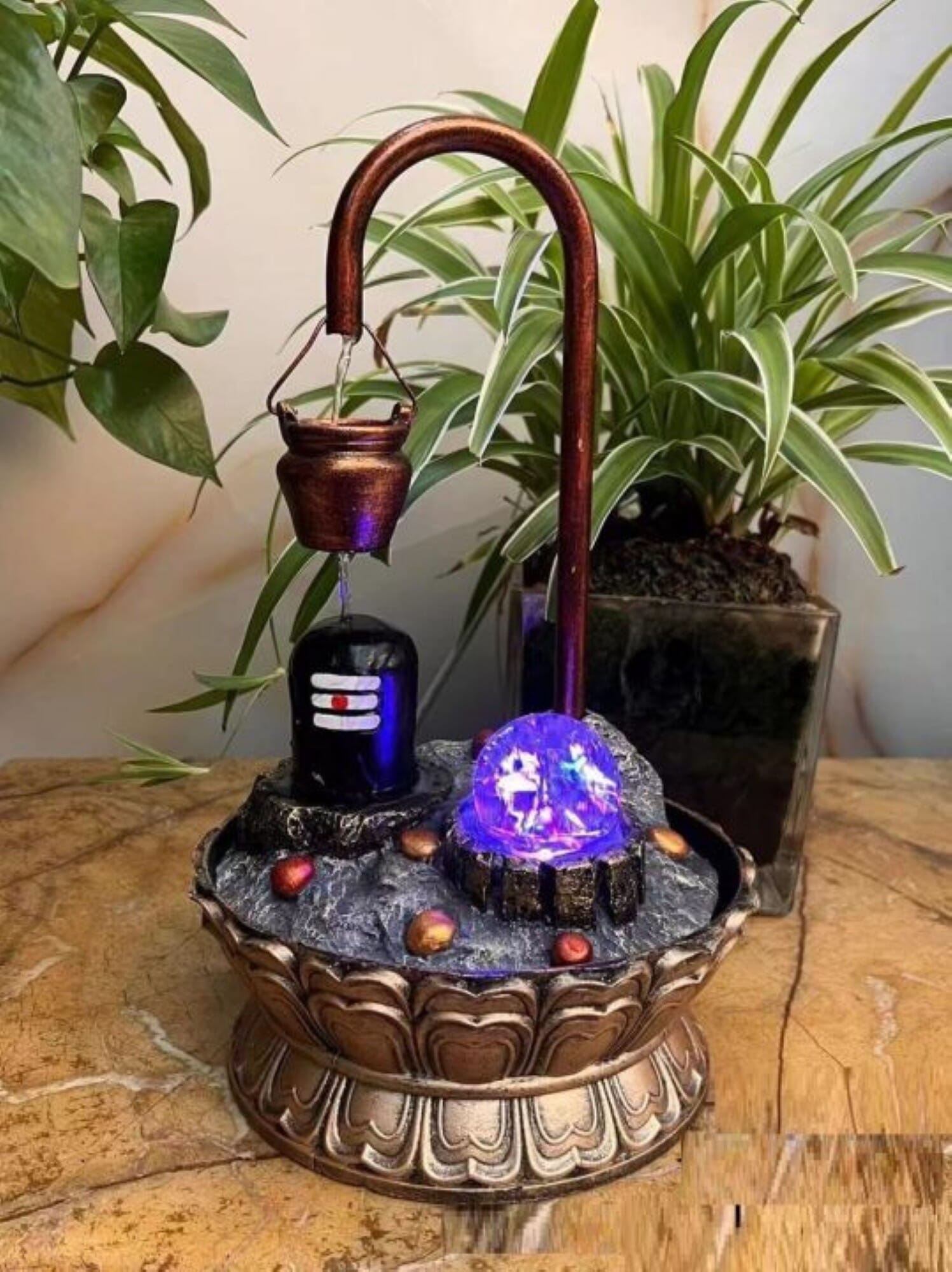 Shiva Linga Waterfall Fountain | Lord Shiva Water Fountain | Indoor Fountain for Home Temple | LED Light Waterfall Decor | Spiritual Tabletop Fountain | Water Fountain for Puja Room | Religious Gift Item | Hindu God Water Feature |