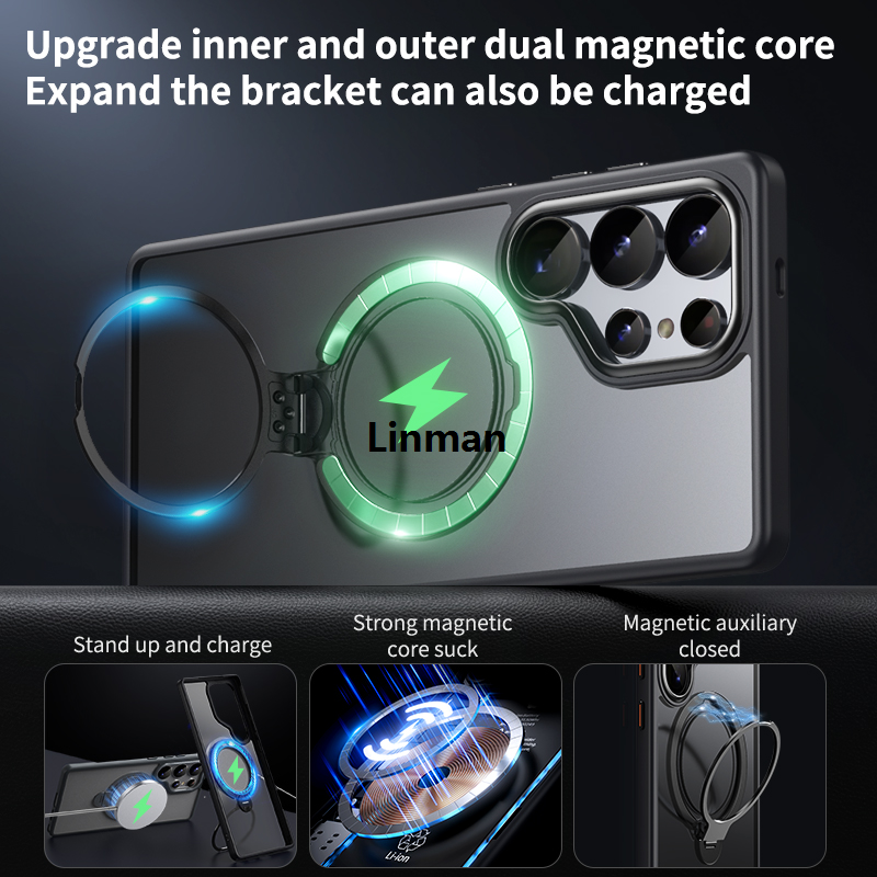 Linman HODON Metal Rings Magnetic Bracket Case For Samsung Galaxy S25 Ultra S24 PluPortable s S23 S25 For Magsafe Cases 360 Degree Rotation Stand Matte Shockproof Cover