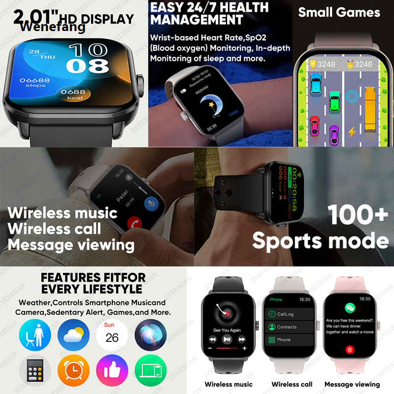 Wenefang 2024 New For Huawei Xiaomi Smart Watch Men Women 2.01-Inch HD AMOLED Luxury Full Touch Screen IP67 Waterproof Bluetooth Call SmartWatch