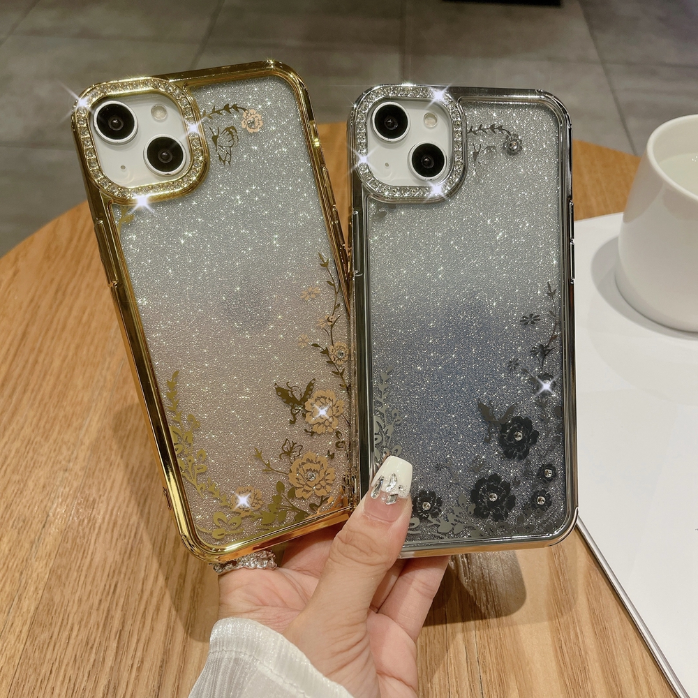 HODON Luxury Gradient Flower Diamond Case for iPhone 16 15 14 13 12 11 Pro Max 14 15 16 Plus Cases Transparent Glitter Soft Plating Cover