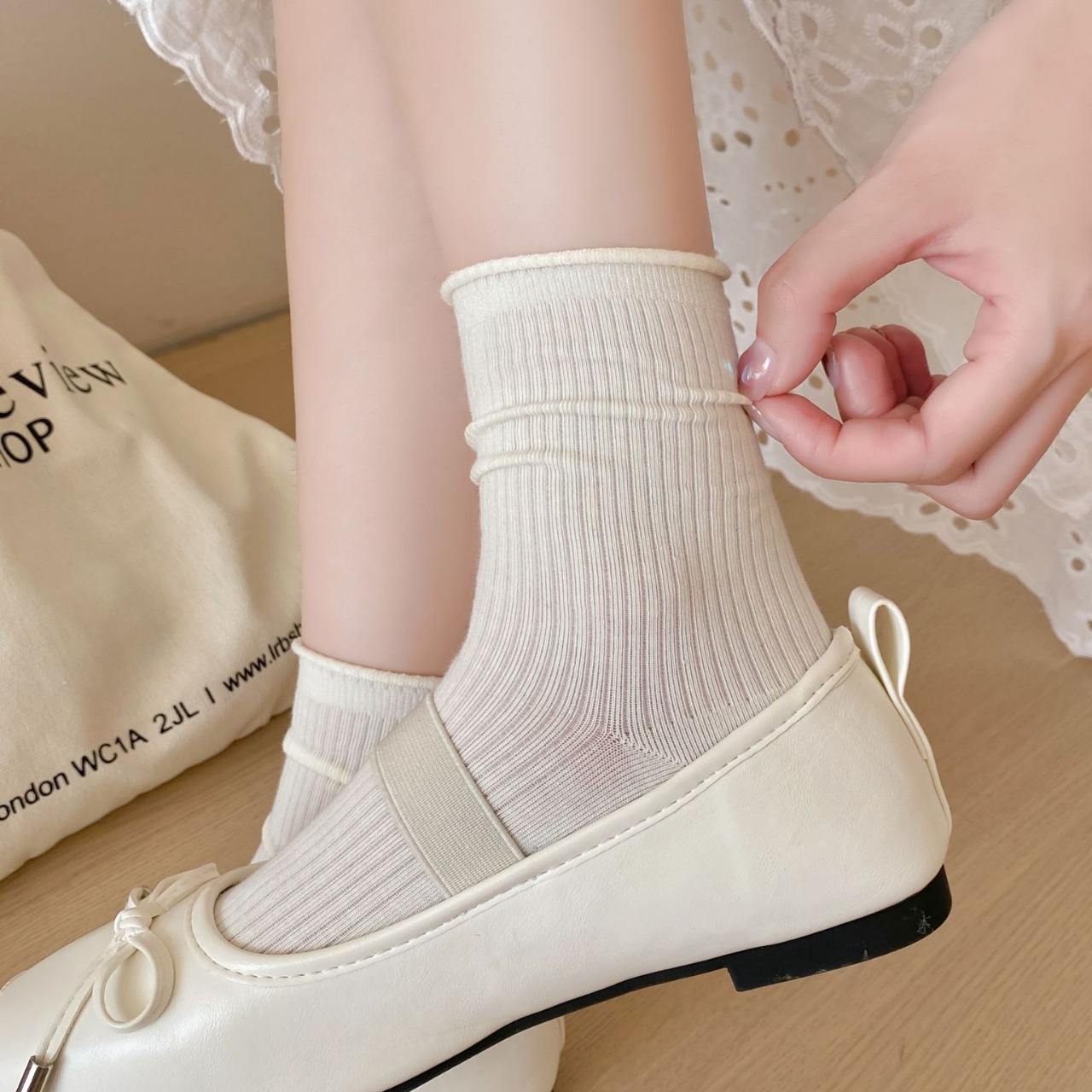 Curled edge pile pile socks children's summer thin Korean version ins solid color simple and versatile vertical strip loose boneless confinement socks