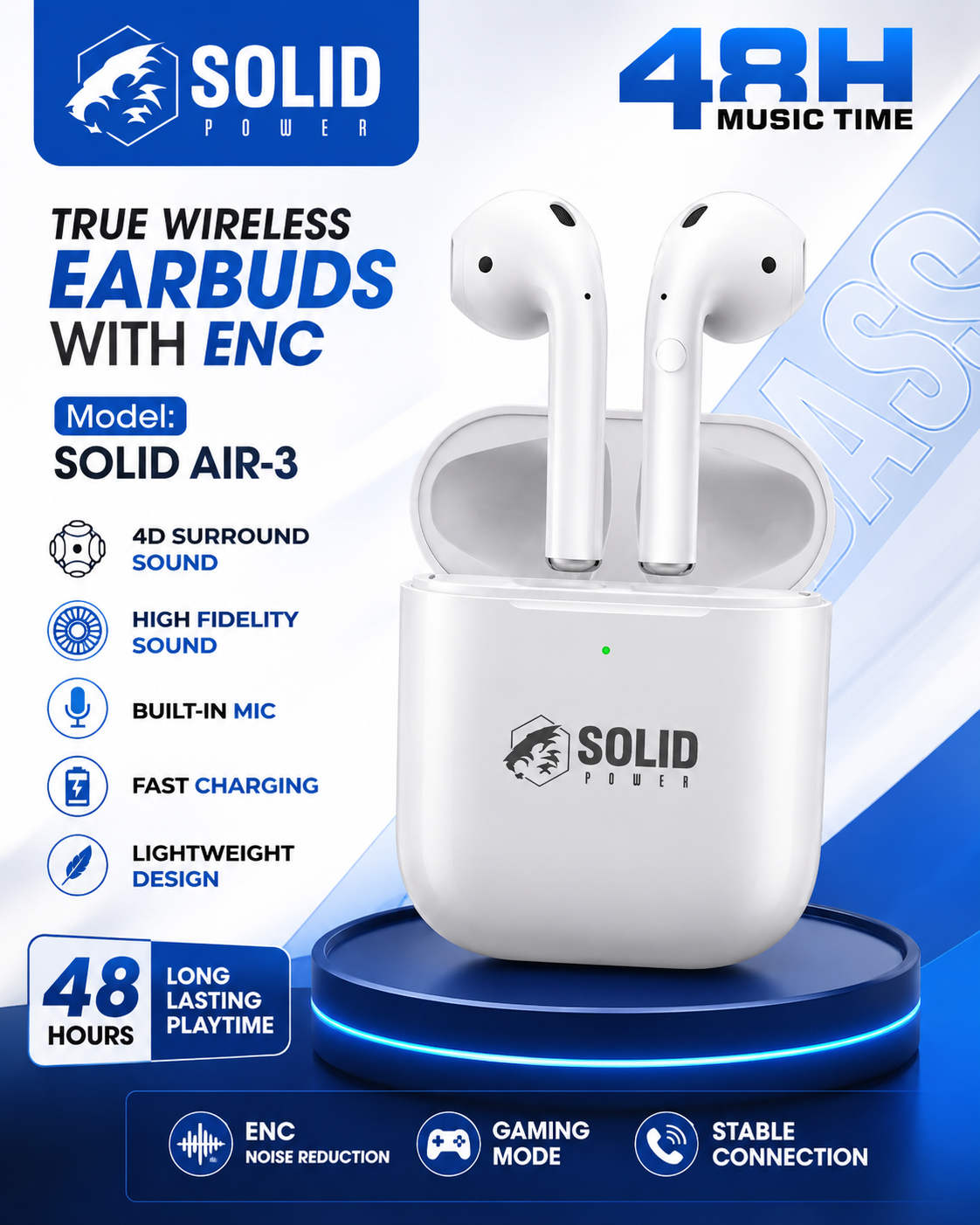 SOLID AIR-3 True Wireless Earbuds with ENC | Bluetooth 5.4 | 48H Playtime | Hi-Fi Stereo Sound | Type-C Charging