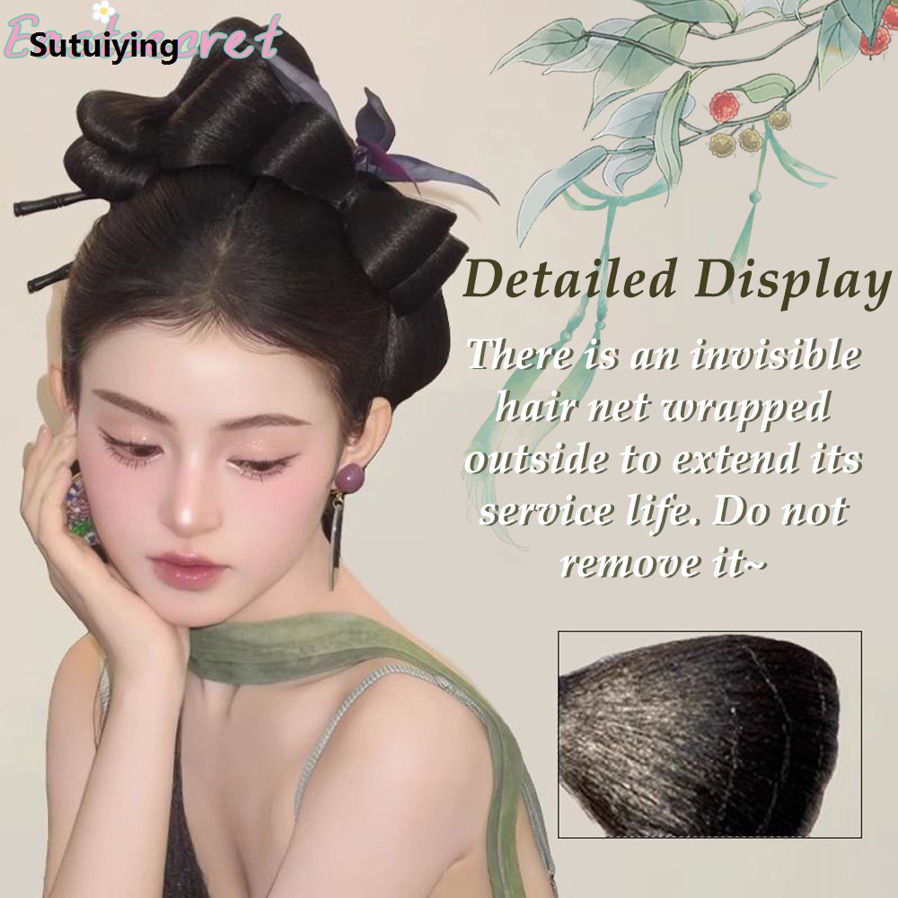 Sutuiying Synthetic Wig Hair Bag Fluffy Cute Coil Hair Artifact Double layered Profesional bow hair bun Ancient Style High Temperature Silk Accessorie
