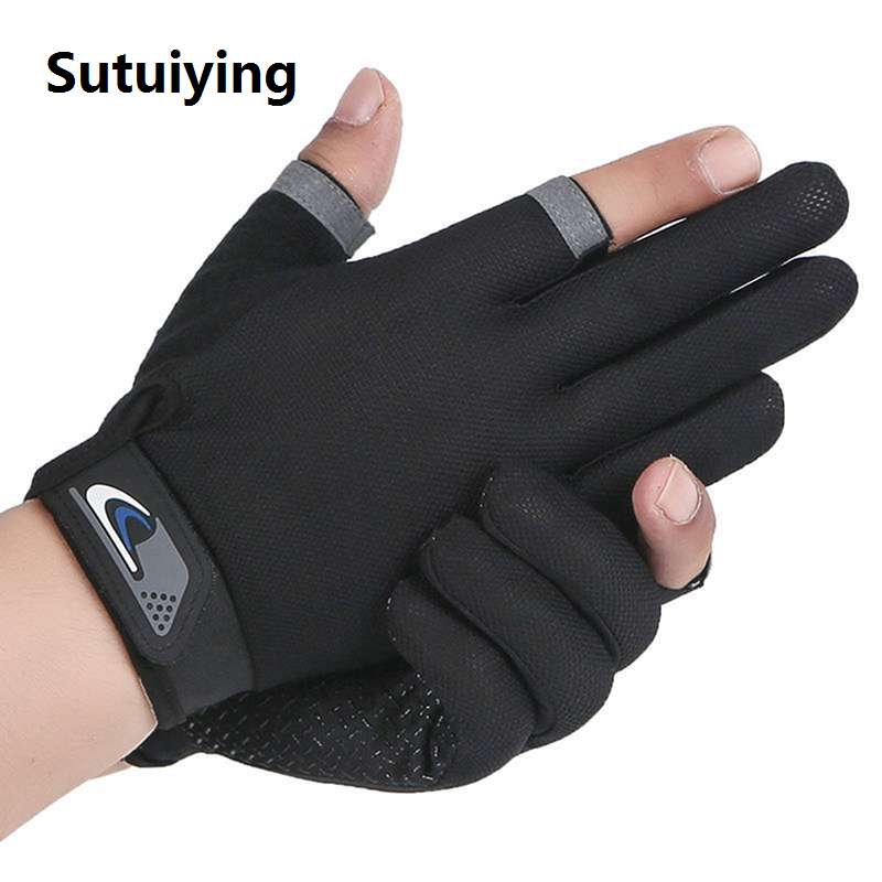 Sutuiying 1 Pair Men Fishing Gloves Women Two Finger Cut Male Touchscreen Angling Anti-Slip Sun