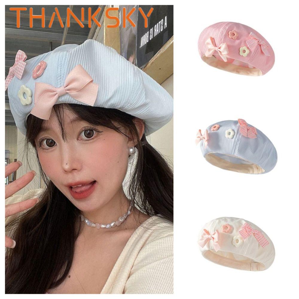 Sweet Solid Color Bow Flower Beret Cotton Y2k Octagonal Cap Harajuku College Style Painter Hat Autumn