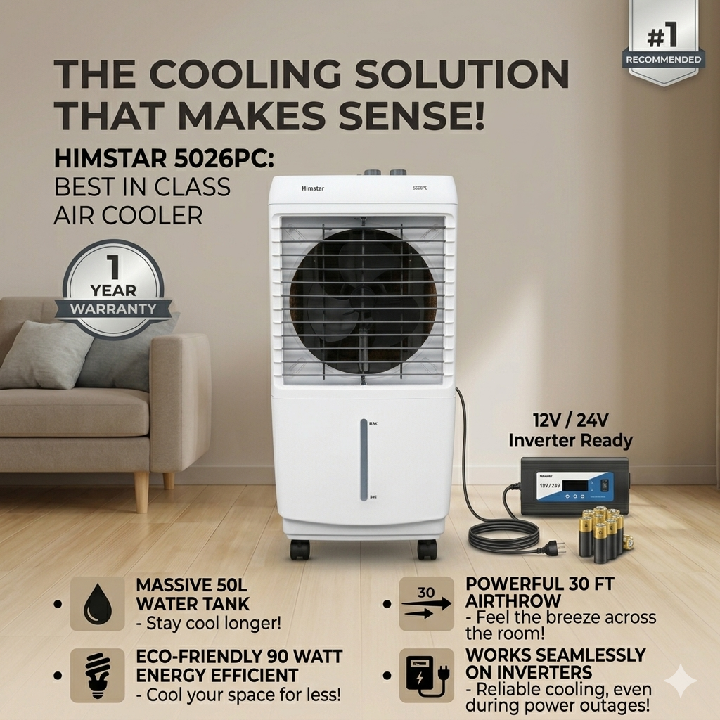 Himstar 50L Desert Air Cooler HC5026- High Airflow 25 ft airflow, Energy Efficient, 3-Side Honeycomb Cooling, large ice chamber , self cleaning , 90 watt inverter compatible
