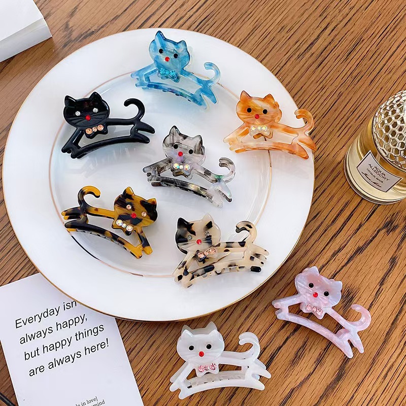 Korean acetic acid cat scratch clip cute cartoon diamond inlaid back of the head high-end hairpin headpiece female fresh style