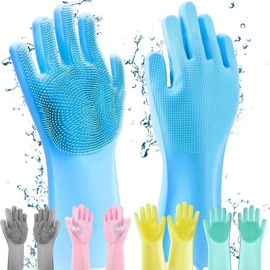 Multipurpose Magic Silicone Rubber Dish Washing Hand Gloves With Scrubber For Kitchen And Pet Grooming, Car, Bathroom, House Hold, Multicolor