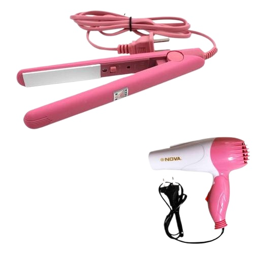 Combo Pack - Nova Foldable Hair Dryer 1000W + Mini Ceramic Hair Straightener, Portable Travel Hair Styling Set with Professional Tourmaline Ionic Flat Iron for Women