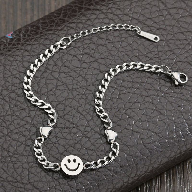 NEW European and American personality simple style black smiley face glossy heart stitching bracelet men and women stainless steel couple hand jewelry